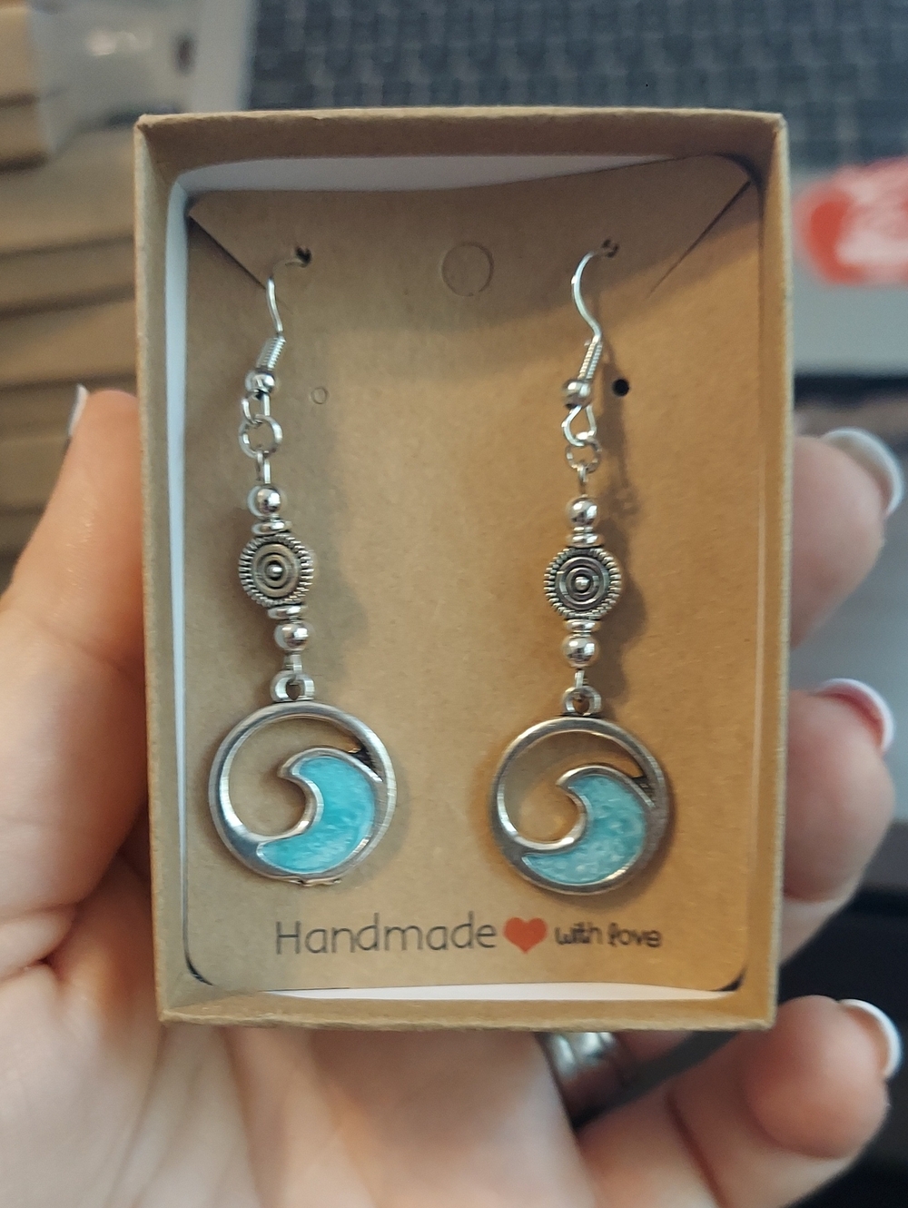 Handmade Silver-Tone Wave Drop Earrings with Turquoise Inlay